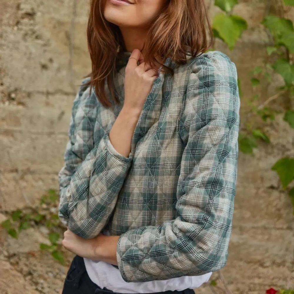 Self Contrast Marie Quilted Crop Jacket in Green Plaid XS A16